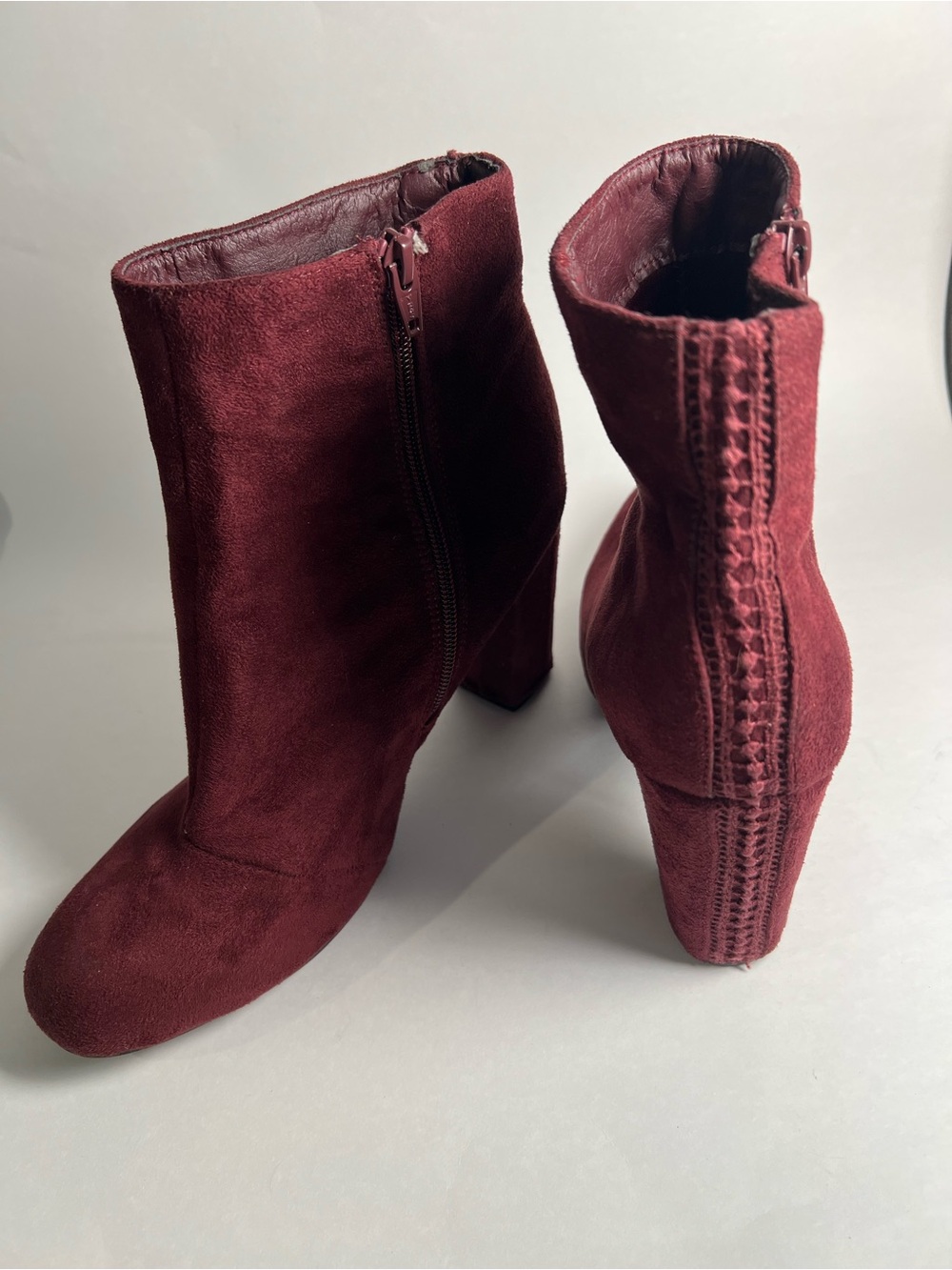 Women's Burgundy Suede Zip-Side Ankle Boots Size 10 Wide with back detail